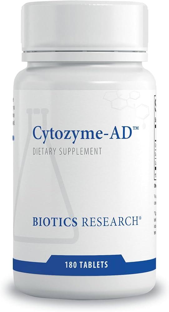 Biotics Research Cytozyme-AD dietary supplement bottle featuring white packaging with blue accents, a laboratory beaker graphic, and an 180 tablets count.