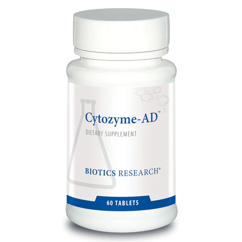 Biotics Research Cytozyme-AD dietary supplement bottle featuring white packaging with blue accents, a laboratory beaker graphic, and a 60 tablets count