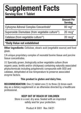 Supplement Facts label for Cytozyme-AD showing a serving size of 1 tablet, containing 80 mg of Cytozyme Adrenal Complex Concentrate, 20 mcg of Superoxide Dismutase, and 20 mcg of Catalase