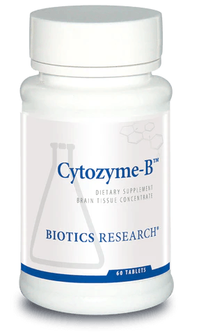 Biotics Research Cytozyme-B dietary supplement bottle featuring white packaging with blue accents, a laboratory beaker graphic, brain tissue concentrate labeling, and a 60 tablets count