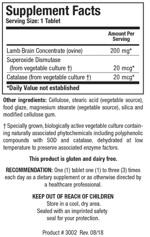 Supplement Facts label for Cytozyme-B showing a serving size of 1 tablet, containing 200 mg of ovine Lamb Brain Concentrate, 20 mcg of Superoxide Dismutase, and 20 mcg of Catalase