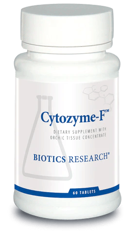 Biotics Research Cytozyme-F dietary supplement bottle featuring white packaging with blue accents, a laboratory beaker graphic, orchic tissue concentrate labeling, and a 60 tablets count