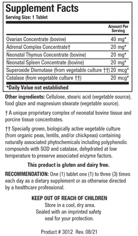 Supplement Facts label for Cytozyme-F showing a serving size of 1 tablet, containing 40 mg of bovine Ovarian Concentrate, 20 mg of Adrenal Complex Concentrate, 20 mg of bovine Neonatal Thymus Concentrate, 20 mg of bovine Neonatal Spleen Concentrate, 20 mcg of Superoxide Dismutase, and 20 mcg of Catalase.