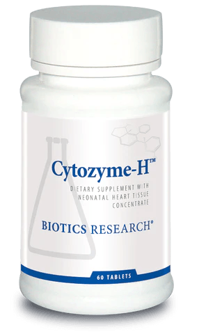 Biotics Research Cytozyme-H dietary supplement bottle featuring white packaging with blue accents, a laboratory beaker graphic, neonatal heart tissue concentrate labeling, and a 60 tablets count