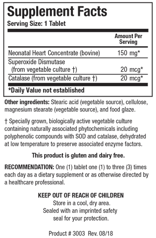 Supplement Facts label for Cytozyme-H showing a serving size of 1 tablet, containing 150 mg of bovine Neonatal Heart Concentrate, 20 mcg of Superoxide Dismutase, and 20 mcg of Catalase.