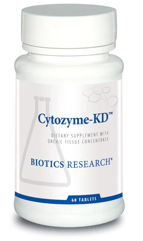 Biotics Research Cytozyme-KD dietary supplement bottle featuring white packaging with blue accents, a laboratory beaker graphic, orchic tissue concentrate labeling, and a 60 tablets count.