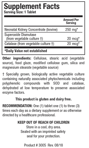 Supplement Facts label for Cytozyme-KD showing a serving size of 1 tablet, containing 250 mg of bovine Neonatal Kidney Concentrate, 20 mcg of Superoxide Dismutase, and 20 mcg of Catalase.