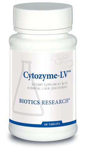 Biotics Research Cytozyme-LV dietary supplement bottle featuring white packaging with blue accents, a laboratory beaker graphic, neonatal liver tissue concentrate labeling, and a 60 tablets count.