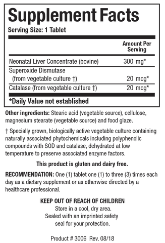 Supplement Facts label for Cytozyme-LV showing a serving size of 1 tablet, containing 300 mg of bovine Neonatal Liver Concentrate, 20 mcg of Superoxide Dismutase, and 20 mcg of Catalase