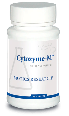 Biotics Research Cytozyme-M dietary supplement bottle featuring white packaging with blue accents, a laboratory beaker graphic, and a 60 tablets count