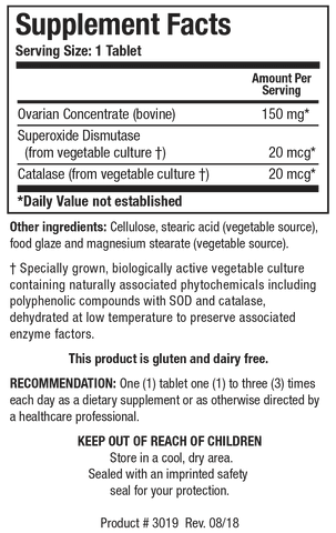 Supplement Facts label for Cytozyme-O showing a serving size of 1 tablet, containing 150 mg of bovine Ovarian Concentrate, 20 mcg of Superoxide Dismutase, and 20 mcg of Catalase.