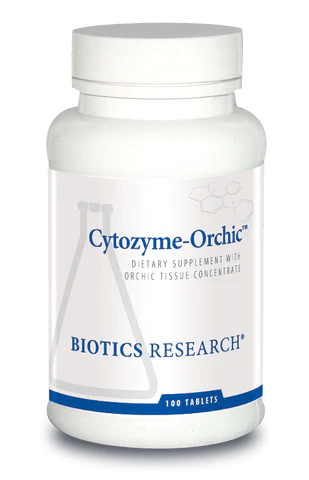 Biotics Research Cytozyme-Orchic dietary supplement bottle featuring white packaging with blue accents, a laboratory beaker graphic, orchic tissue concentrate labeling, and a 100 tablets count