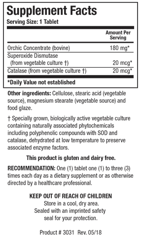 Supplement Facts label for Cytozyme-Orchic showing a serving size of 1 tablet, containing 180 mg of bovine Orchic Concentrate, 20 mcg of Superoxide Dismutase, and 20 mcg of Catalase.