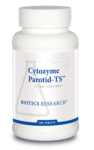 Biotics Research Cytozyme Parotid-TS dietary supplement bottle featuring white packaging with blue accents, a laboratory beaker graphic, and a 180 tablets count.