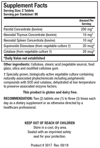 Supplement Facts label for Cytozyme Parotid-TS showing a serving size of 2 tablets, containing 200 mg of bovine Parotid Concentrate, 10 mg of bovine Neonatal Thymus Concentrate, 10 mg of bovine Neonatal Spleen Concentrate, 20 mcg of Superoxide Dismutase, and 20 mcg of Catalase