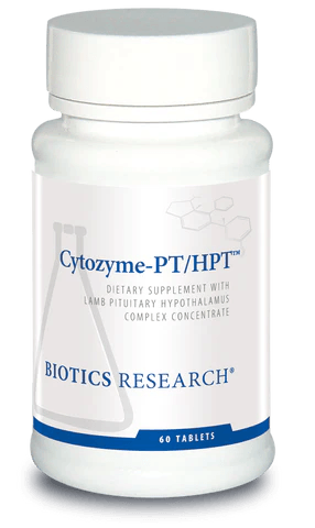 Biotics Research Cytozyme-PT/HPT dietary supplement bottle featuring white packaging with blue accents, a laboratory beaker graphic, lamb pituitary hypothalamus complex concentrate labeling, and a 60 tablets count.