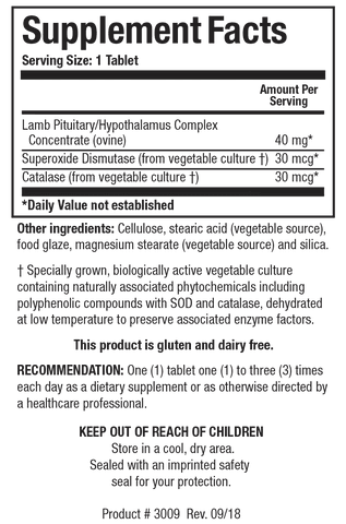 Supplement Facts label for Cytozyme-PT/HPT showing a serving size of 1 tablet, containing 40 mg of ovine Lamb Pituitary/Hypothalamus Complex Concentrate, 30 mcg of Superoxide Dismutase, and 30 mcg of Catalase