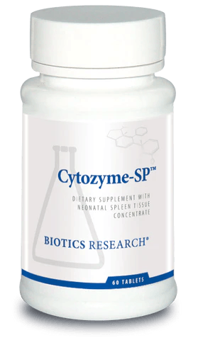 Biotics Research Cytozyme-SP dietary supplement bottle featuring white packaging with blue accents, a laboratory beaker graphic, neonatal spleen tissue concentrate labeling, and a 60 tablets count