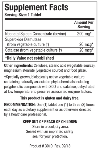 Supplement Facts label for Cytozyme-SP showing a serving size of 1 tablet, containing 200 mg of bovine Neonatal Spleen Concentrate, 20 mcg of Superoxide Dismutase, and 20 mcg of Catalase