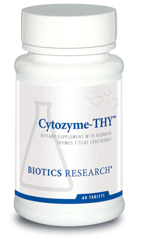 Biotics Research Cytozyme-THY dietary supplement bottle featuring white packaging with blue accents, a laboratory beaker graphic, neonatal thymus tissue concentrate labeling, and a 60 tablets count