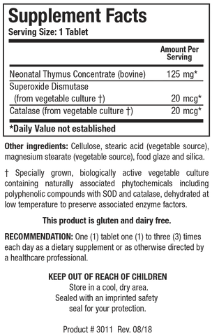 Supplement Facts label for Cytozyme-THY showing a serving size of 1 tablet, containing 125 mg of bovine Neonatal Thymus Concentrate, 20 mcg of Superoxide Dismutase, and 20 mcg of Catalase