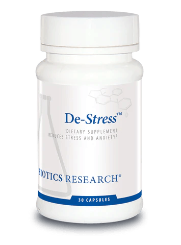 Biotics Research De-Stress dietary supplement bottle featuring white packaging with blue accents, a laboratory beaker graphic, "reduces stress and anxiety" labeling, and a 30 capsules count