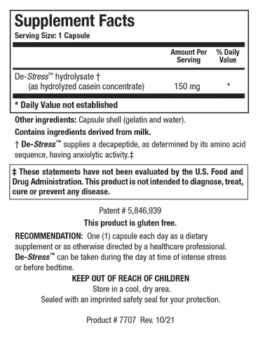 Supplement Facts label for De-Stress showing a serving size of 1 capsule, containing 150 mg of De-Stress hydrolysate as hydrolyzed casein concentrate.