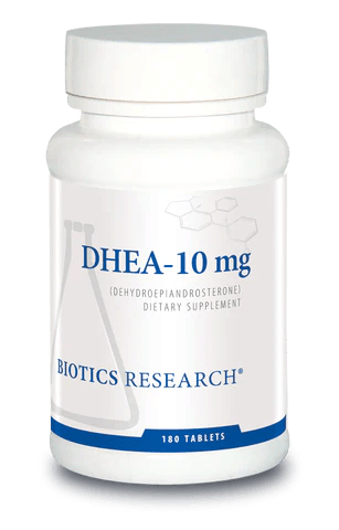 Biotics Research DHEA-10 mg dietary supplement bottle featuring white packaging with blue accents, a laboratory beaker graphic, and a 180 tablets count