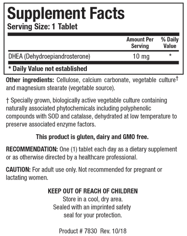 Supplement Facts label for DHEA-10 mg showing a serving size of 1 tablet, containing 10 mg of DHEA (Dehydroepiandrosterone).