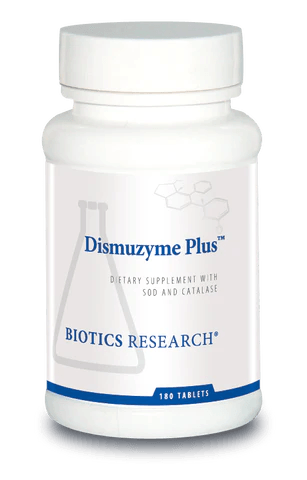 Biotics Research Dismuzyme Plus dietary supplement bottle featuring white packaging with blue accents, a laboratory beaker graphic, SOD and catalase labeling, and a 180 tablets count.