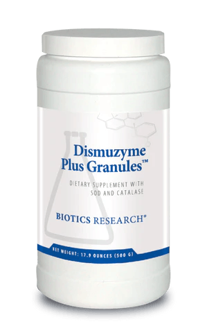 Biotics Research Dismuzyme Plus Granules dietary supplement tub featuring white packaging with blue accents, a laboratory beaker graphic, SOD and catalase labeling, and a net weight of 17.9 ounces (500 g).