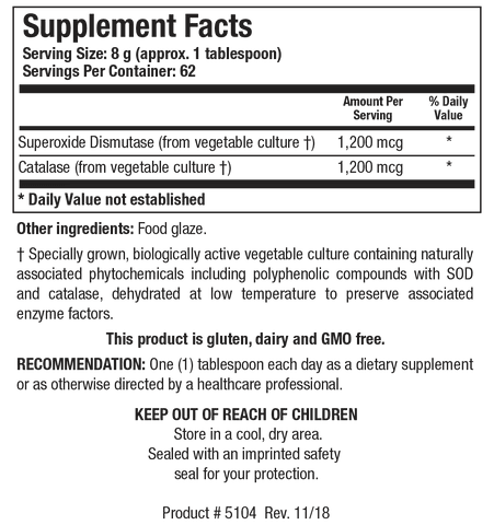 Supplement Facts label for Dismuzyme Plus Granules showing a serving size of 8 g (approx. 1 tablespoon), containing 1,200 mcg of Superoxide Dismutase and 1,200 mcg of Catalase.
