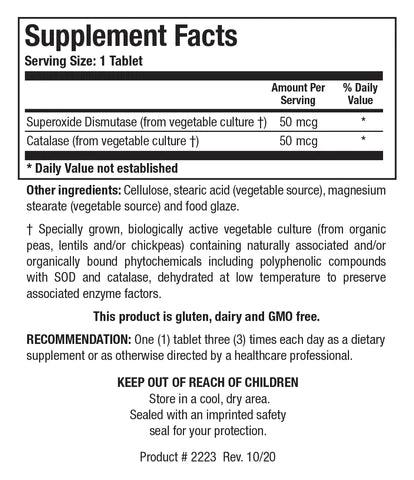 Supplement Facts label for Dismuzyme Plus showing a serving size of 1 tablet, containing 50 mcg of Superoxide Dismutase and 50 mcg of Catalase.