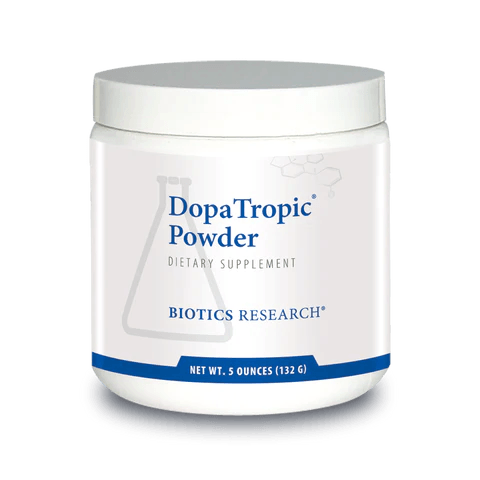 Biotics Research DopaTropic Powder dietary supplement tub featuring white packaging with blue accents, a laboratory beaker graphic, and a net weight of 5 ounces (132 g)