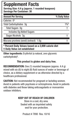 Supplement Facts label for DopaTropic Powder showing a serving size of 4.4 g (approx. 1 rounded teaspoon), containing 0 calories, 3 g of total carbohydrates, 3 g of sugar alcohols, and 1.6 g of Mucuna pruriens seed extract.