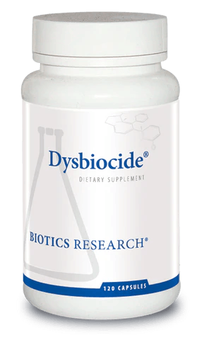 Biotics Research Dysbiocide dietary supplement bottle featuring white packaging with blue accents, a laboratory beaker graphic, and a 120 capsules count.