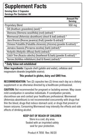 Supplement Facts label for Dysbiocide showing a serving size of 2 capsules, containing a 950 mg Proprietary Blend of Dill, Stemona, Wormwood, Java Brucea, Chinese Pulsatilla, Jamaica Quassia, Hedyotis, Cutch Tree, and Yarrow