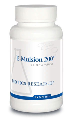 Biotics Research E-Mulsion 200 dietary supplement bottle featuring white packaging with blue accents, a laboratory beaker graphic, and a 90 capsules count