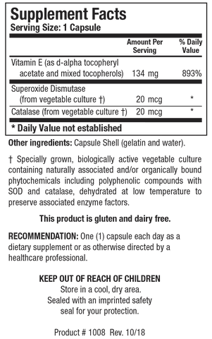 Supplement Facts label for E-Mulsion 200 showing a serving size of 1 capsule, containing 134 mg of Vitamin E (as d-alpha tocopheryl acetate and mixed tocopherols), 20 mcg of Superoxide Dismutase, and 20 mcg of Catalase