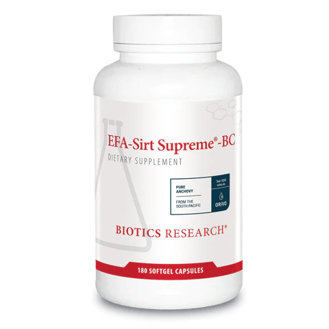 Biotics Research EFA-Sirt Supreme-BC dietary supplement bottle featuring white packaging with red accents, a laboratory beaker graphic, pure anchovy labeling, and a 180 softgel capsules count.