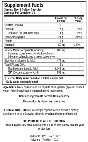 Supplement Facts label for EFA-Sirt Supreme-BC showing a serving size of 6 softgel capsules, containing 70 calories, 7 g of total fat, 50 mg of Vitamin E, 400 mg of Natural Mixed Tocopherols, 475 mg of GLA (Gamma Linolenic Acid), 2 g of Total EPA and DHA (including 1,145 mg of EPA and 858 mg of DHA)