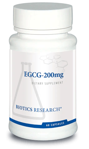 Biotics Research EGCG-200mg dietary supplement bottle featuring white packaging with blue accents, a laboratory beaker graphic, and a 60 capsules count