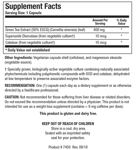 Supplement Facts label for EGCG-200mg showing a serving size of 1 capsule, containing 400 mg of Green Tea Extract (50% EGCG), 10 mcg of Superoxide Dismutase, and 10 mcg of Catalase.