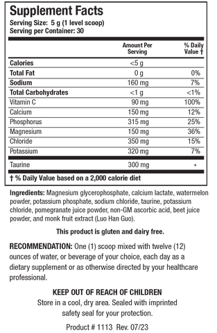 Supplement Facts label for Electrolyte Forte showing a serving size of 5 g (1 level scoop), containing less than 5 calories, 160 mg of Sodium, 90 mg of Vitamin C, 150 mg of Calcium, 315 mg of Phosphorus, 150 mg of Magnesium, 350 mg of Chloride, 320 mg of Potassium, and 300 mg of Taurine.