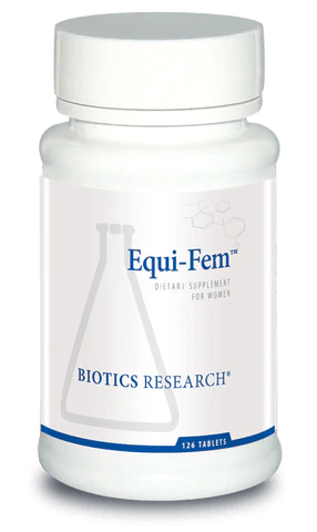 Biotics Research Equi-Fem dietary supplement bottle featuring white packaging with blue accents, a laboratory beaker graphic, and a 126 tablets count.