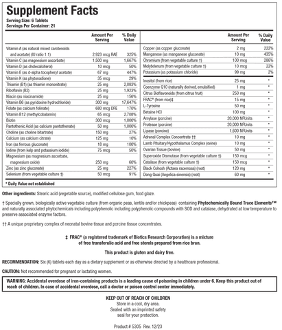 Supplement Facts label for Equi-Fem showing a serving size of 6 tablets, containing 2,923 mcg RAE of Vitamin A, 1,500 mg of Vitamin C, 10 mcg of Vitamin D, 67 mg of Vitamin E, 35 mcg of Vitamin K, 25 mg of Thiamin, 25 mg of Riboflavin, 25 mg of Niacin, 300 mg of Vitamin B6, 680 mcg DFE of Folate, 65 mcg of Vitamin B12, 300 mcg of Biotin, 50 mg of Pantothenic Acid, 150 mg of Choline, 125 mg of Calcium, 18 mg of Iron, 75 mcg of Iodine, 250 mg of Magnesium, 25 mg of Zinc, 50 mcg of Selenium, 2 mg of Copper, 10