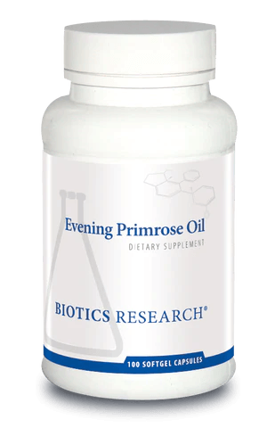 Biotics Research Evening Primrose Oil dietary supplement bottle featuring white packaging with blue accents, a laboratory beaker graphic, and a 100 softgel capsules count