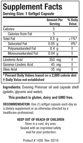 Supplement Facts label for Evening Primrose Oil showing a serving size of 1 softgel capsule, containing 5 calories, 0.5 g of total fat, 350 mg of Linolenic Acid, 45 mg of Gamma-Linolenic Acid, and 35 mg of Oleic Acid