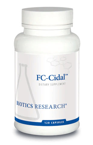 Biotics Research FC-Cidal dietary supplement bottle featuring white packaging with blue accents, a laboratory beaker graphic, and a 120 capsules count.