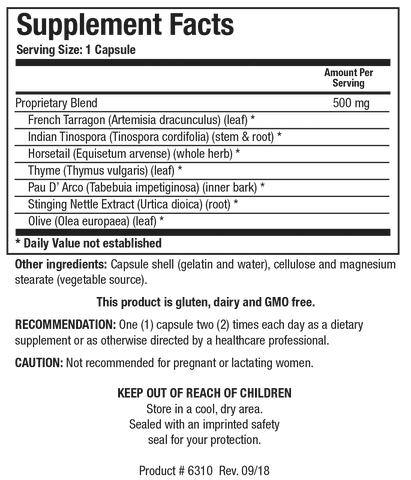 Supplement Facts label for FC-Cidal showing a serving size of 1 capsule, containing a 500 mg Proprietary Blend of French Tarragon, Indian Tinospora, Horsetail, Thyme, Pau D' Arco, Stinging Nettle Extract, and Olive leaf.